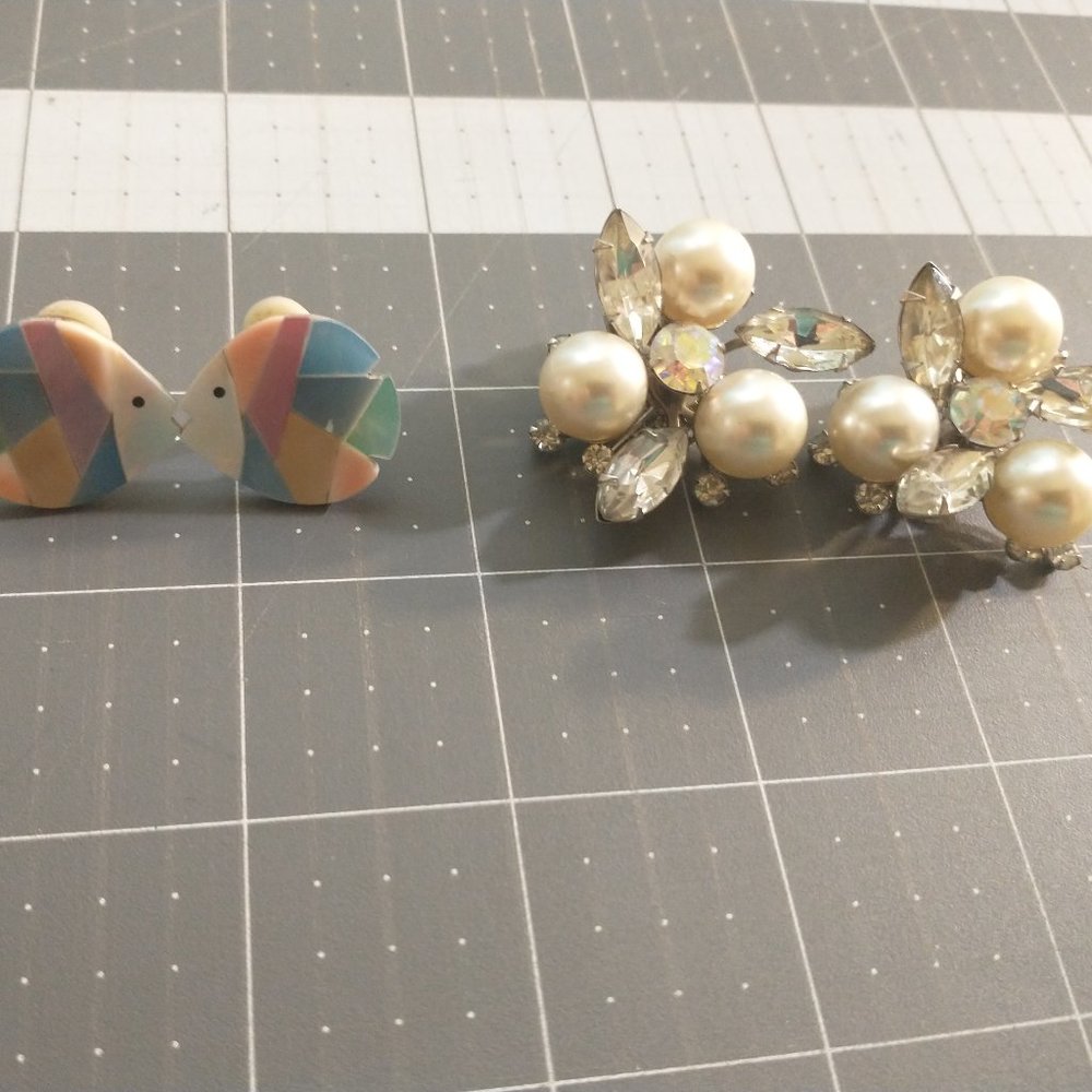 Two pair unique clip on earrings fish and glass with pearlies